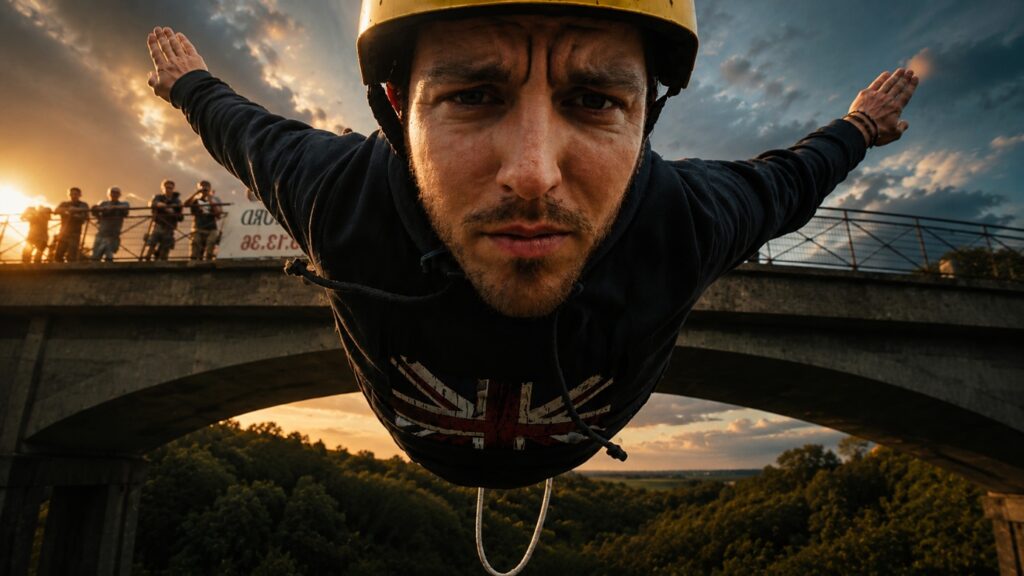 Participant rassuré avant un saut à l’élastique encadré